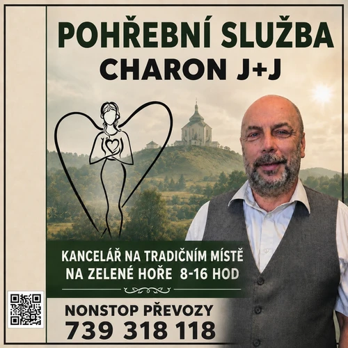 Reklamní grafika pohřební služby Charon J+J s kresbou anděla, poutním kostelem na Zelené hoře a kontaktem na nonstop převozy.