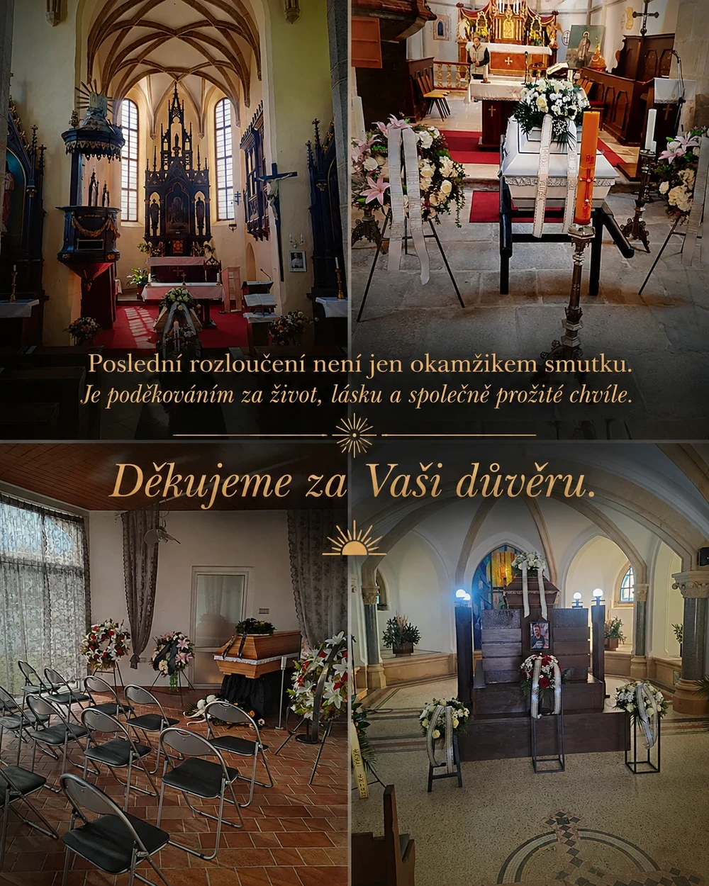Koláž čtyř fotografií z obřadů pohřební služby ADIOS: interiéry kostelů s vyzdobenými oltáři, rakev s květinovými věnci, obřadní síň připravená k rozloučení a kaple s katafalkem.