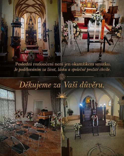 Koláž čtyř fotografií z obřadů pohřební služby ADIOS: interiéry kostelů s vyzdobenými oltáři, rakev s květinovými věnci, obřadní síň připravená k rozloučení a kaple s katafalkem.